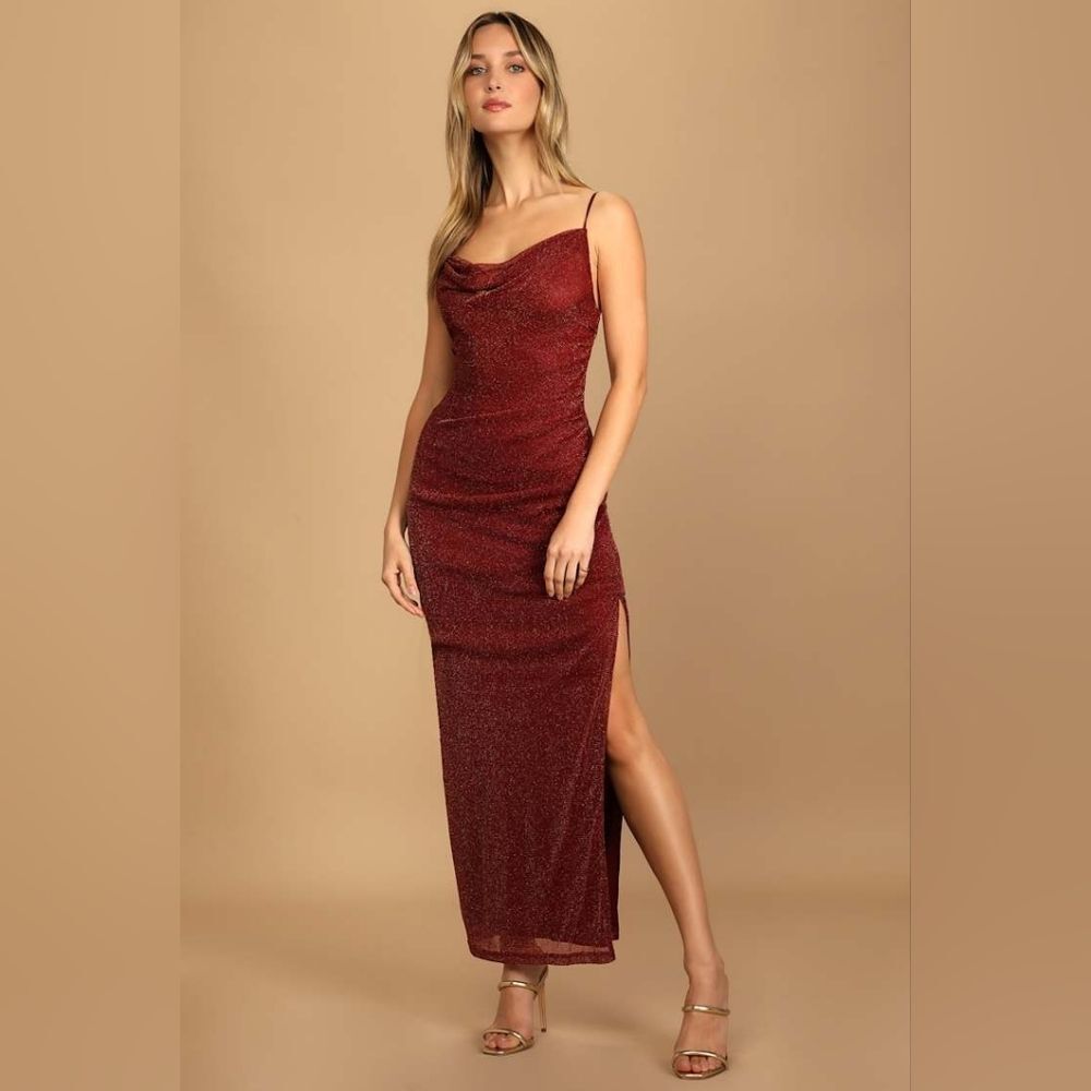 Lulu's Next Please Good And Burgundy Cowl Neck‎ Bodycon Slit Maxi Dress Size L